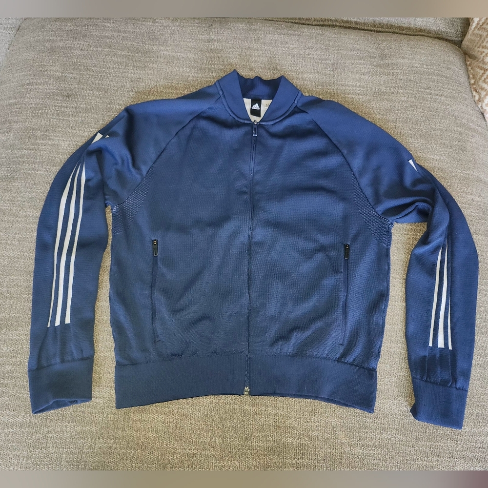 adidas Blue Bomber Jacket with White Stripes